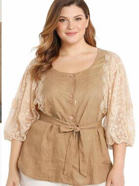 Tsunoda Paris Taupe Ramie Blouse | Cream Lace Balloon Sleeves | Size Large